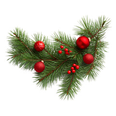 Festive pine branch adorned with red ornaments and berries a perfect Christmas decoration isolated on transparent background