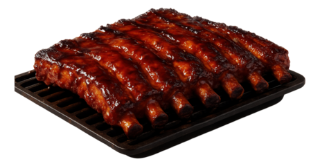 Barbecued pork ribs glazed with a rich, tangy sauce presented on a grill tray.