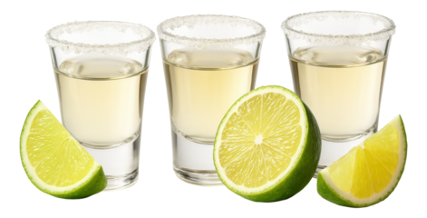 Three shot glasses of tequila with salted rims accompanied by fresh lime wedges.