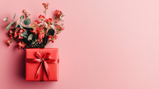 Red gift box and bouquet on pink backdrop
