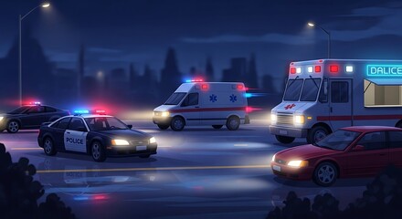 Night Emergency City Street Scene with Police, Ambulance, and Vehicles