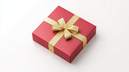 Fototapeta premium Red square gift box with gold ribbon on white background