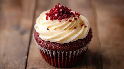 Red velvet cupcake freshly baked on wood surface