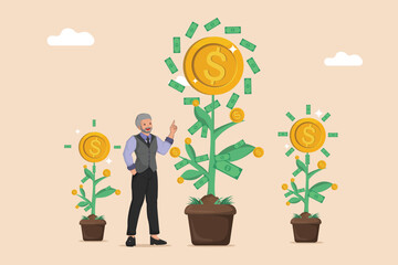 Wise Senior Man Presenting the Concept of Growing Money Trees, Symbolizing Smart Investment Strategies, Financial Prosperity, and Long-Term Wealth Accumulation.
