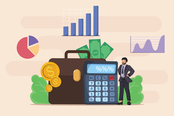 Confident Businessman Overseeing Financial Growth and Investment Analysis with Charts, Calculator, Money, and a Briefcase Representing Business Success.