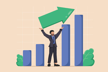 Businessman Successfully Elevating a Large Green Arrow on a Bar Graph, Symbolizing Significant Investment Growth, Financial Success, and Business Achievement.