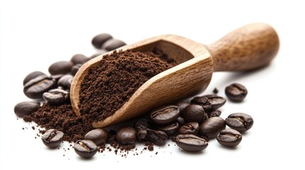 Obraz premium Roasted coffee beans and grounds on wooden scoop with white background.