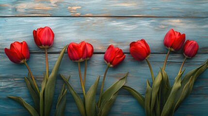 Red tulips on a wood backdrop