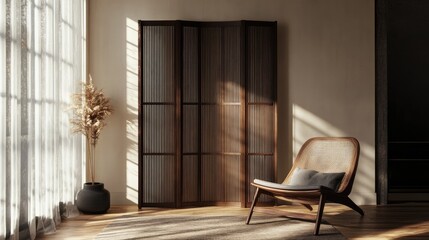 Room decor with folding partition and chair.