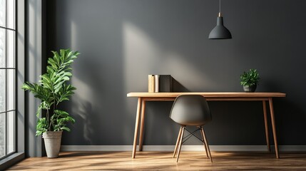 Room with gray wall, wood table, and basic chair