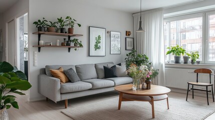 Scandinavian living room with grey sofa, wooden table, plants, shelf, flowers, and elegant decor.