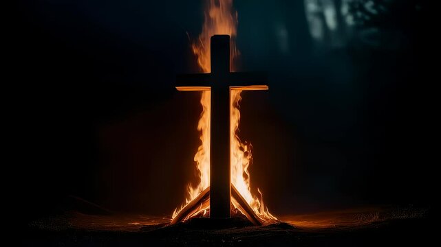 Burning wooden cross with rising flames