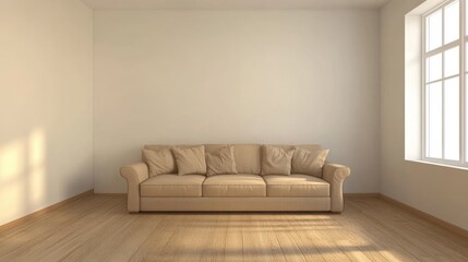 Simple living room interior with beige sofa and empty white wall