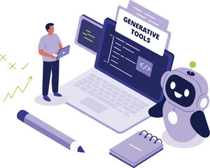 AI in programming. Programmer or prompt engineer use artificial intelligence generative tools for code writing, development. Science and technology concept. Vector illustration