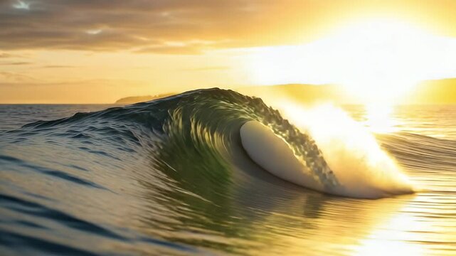 Dramatic Ocean Wave Breaking Illuminated By Golden Sunset Light Creating Beautiful Reflections
