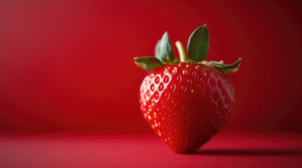 Strawberry close-up with red background and empty space. Concept of fruit, freshness, and color.