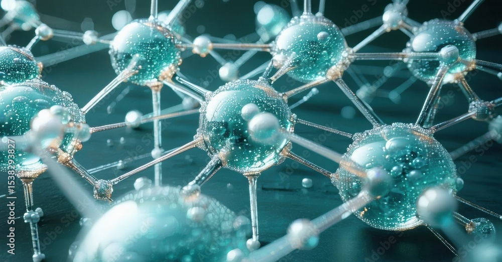 Poster Abstract molecular structure. Blue spheres connected by lines forming complex network. Science, technology, innovation concept. Detailed, futuristic visualization.