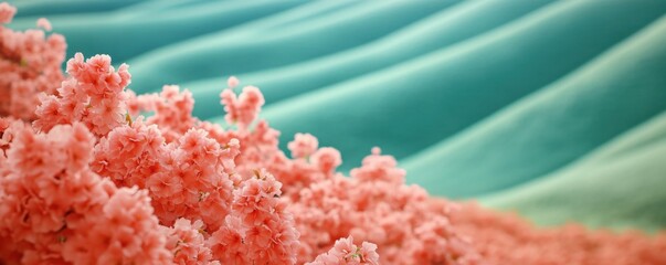 Blossoming beauty A sea of coral pink flowers embracing a calm turquoise wave backdrop soft focus