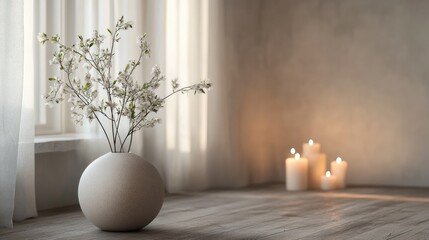 Stylish Scandinavian Hygge Interior with Round Vase and Candles