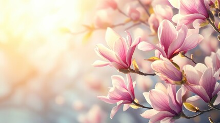 Fototapeta premium Sunny day with pink magnolia flowers on spring floral backdrop