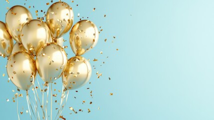 Thirty shiny golden balloons with ribbons and confetti on a soft blue backdrop. Text space available.