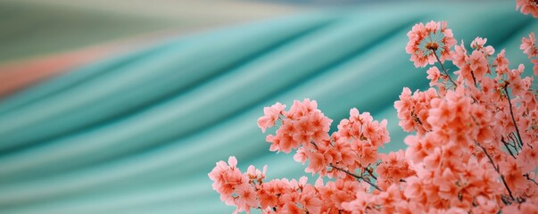 A cascade of pink cherry blossoms heralds spring s arrival against a serene teal backdrop in soft