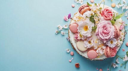 Top view of flower-decorated cake with macarons on blue background, empty space.