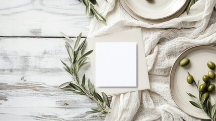 Top view of elegant wedding table setting with invitation card, plates adorned with olive branches. Modern square paper card on table. Mediterranean theme with space for text.
