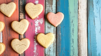 Fototapeta premium Valentine's Day heart-shaped cookies on a colorful wooden backdrop