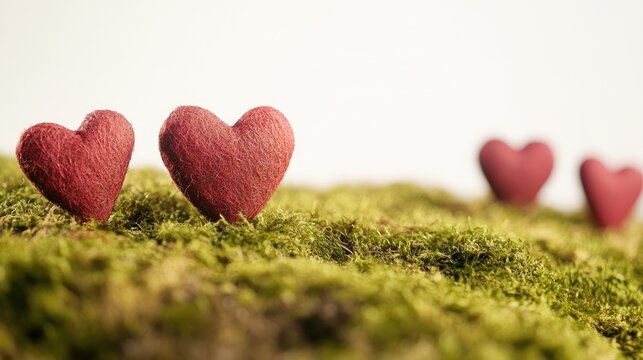 Valentine's Day backdrop with hearts on green moss in front of white.