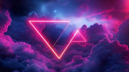 Neon triangles pierce a vibrant, cloud-filled night sky - Powered by Adobe