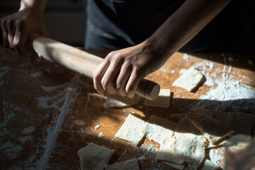 Homemade dough squares being rolled out by hand on a rustic wooden table. Perfect for baking blogs, recipes, and culinary ads. Warm, authentic, and inviting kitchen scene.