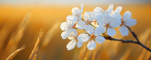 Delicate white blossoms usher in spring bathed in the golden light of a serene sunset soft focus