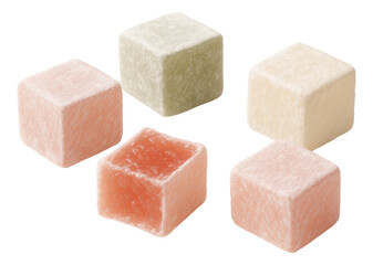 Assorted flavored mochi cubes in pastel colors of pink, green, and white with a soft and chewy texture.