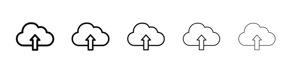 Cloud upload icons in black stroke designs on white background