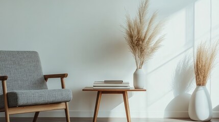 Wooden table, books, vase with pampas grass in gray chair in Scandinavian interior.