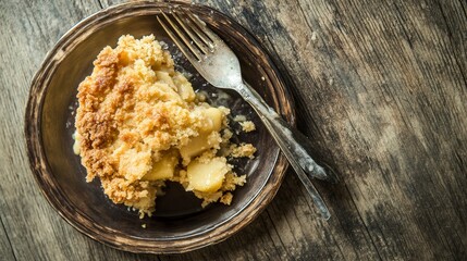Aromatic Apple Crumble: A Rustic Delight. Indulge in the sweet and crumbly goodness of this classic dessert, captured in a mouthwatering close-up. The perfect autumn treat!