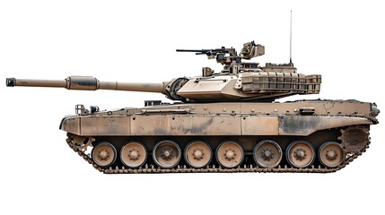 Military tank in a side profile.