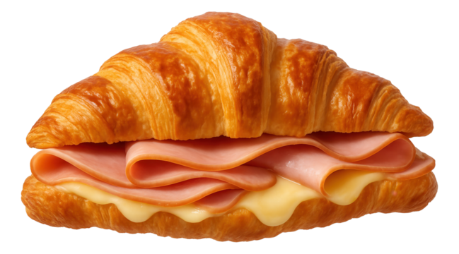 Flaky croissant sandwich with layers of ham and melted cheese.