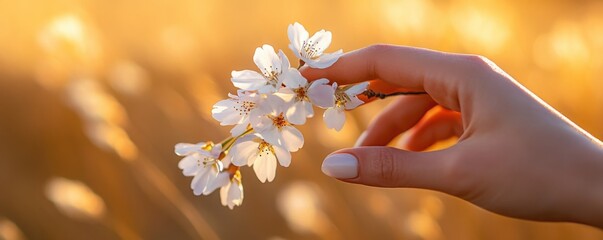 Feeling the warmth of spring a woman tenderly cradles cherry blossoms in gentle light with soft
