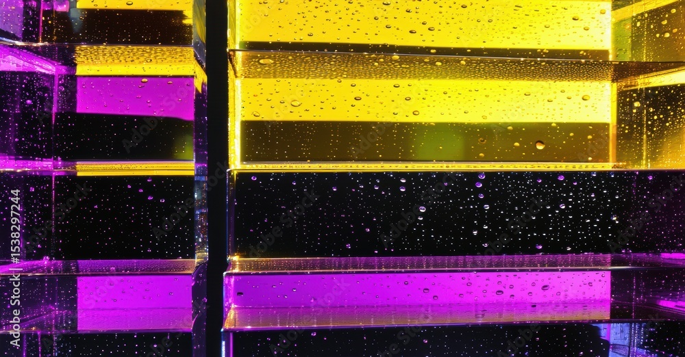 Poster abstract geometric shapes, vibrant colors, wet surfaces. reflections create depth, interesting light