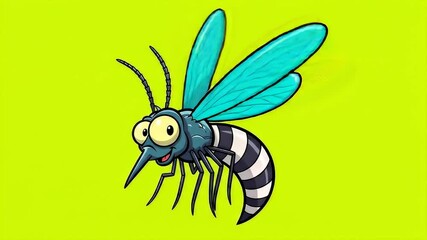 Cartoon mosquito illustration with exaggerated blue wings on yellow background - Powered by Adobe