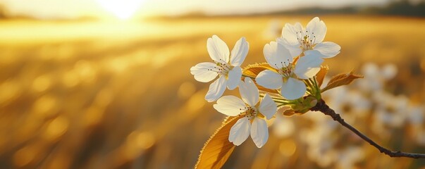 Blossoming dogwood branch bathed in the warm glow of the sunset a symbol of renewal with soft focus