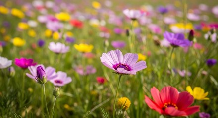 Obraz premium Vibrant Wildflower Meadow in Full Bloom: A Stunning Display of Colorful Cosmos and Other Flowers