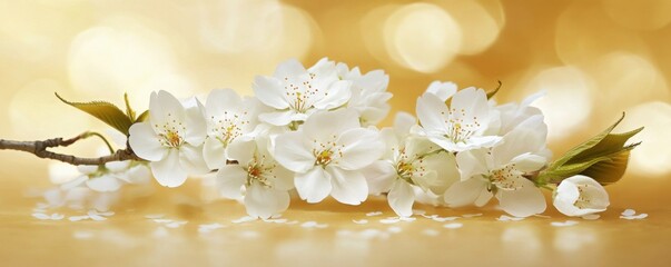 Delicate white cherry blossoms herald the arrival of spring in a warm golden light soft focus and