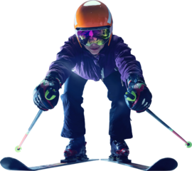 Young skier in orange helmet and reflective goggles crouches in aerodynamic stance with ski poles angled forward and intense focus. Concept of performance gear advertising