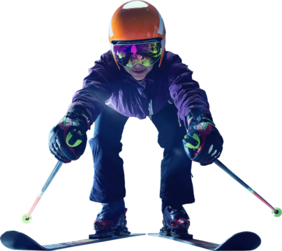 Young skier in orange helmet and reflective goggles crouches in aerodynamic stance with ski poles angled forward and intense focus. Concept of performance gear advertising