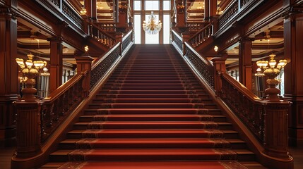 Grand wooden staircase with red carpet in a stately building.