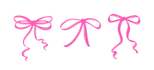 Set of Pink Coquette Bows in Different Styles. A Charming Collection of Feminine Hand-Drawn Ribbons with Playful Curves