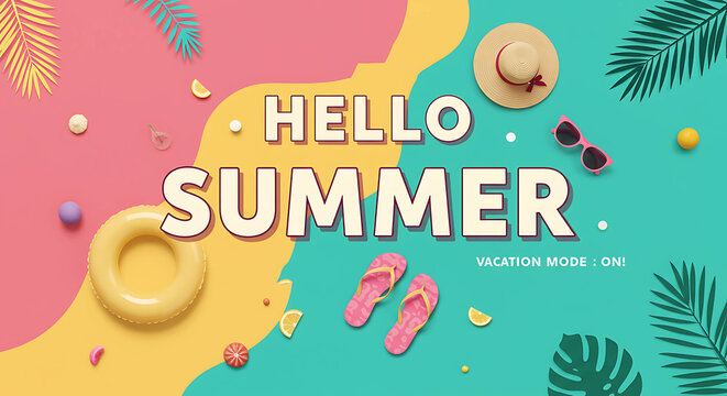 Hello summer with beach accessories like a hat, sunglasses, flip flops, and a float on a colorful background, vacation mode on